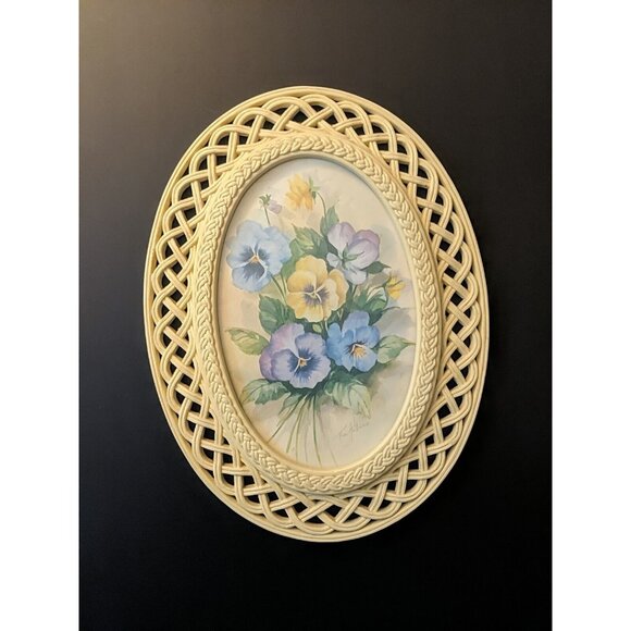 Homco Pansy Picture Fran Anderson Cream Oval Lattice Frame Wall Hanging 17" - Picture 1 of 8